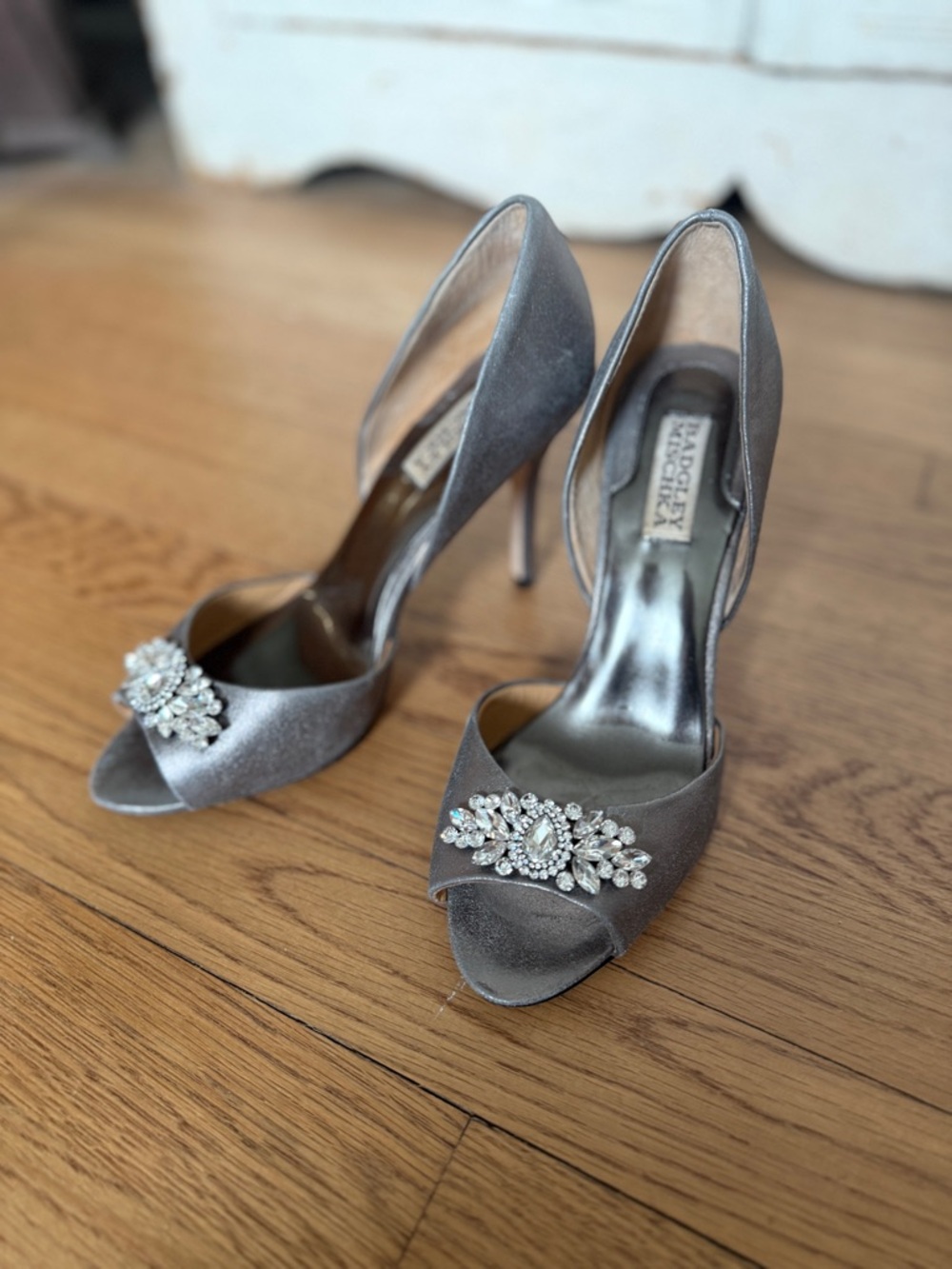 Badgley Mischka Silver Satin Peep-Toe Crystal Heels